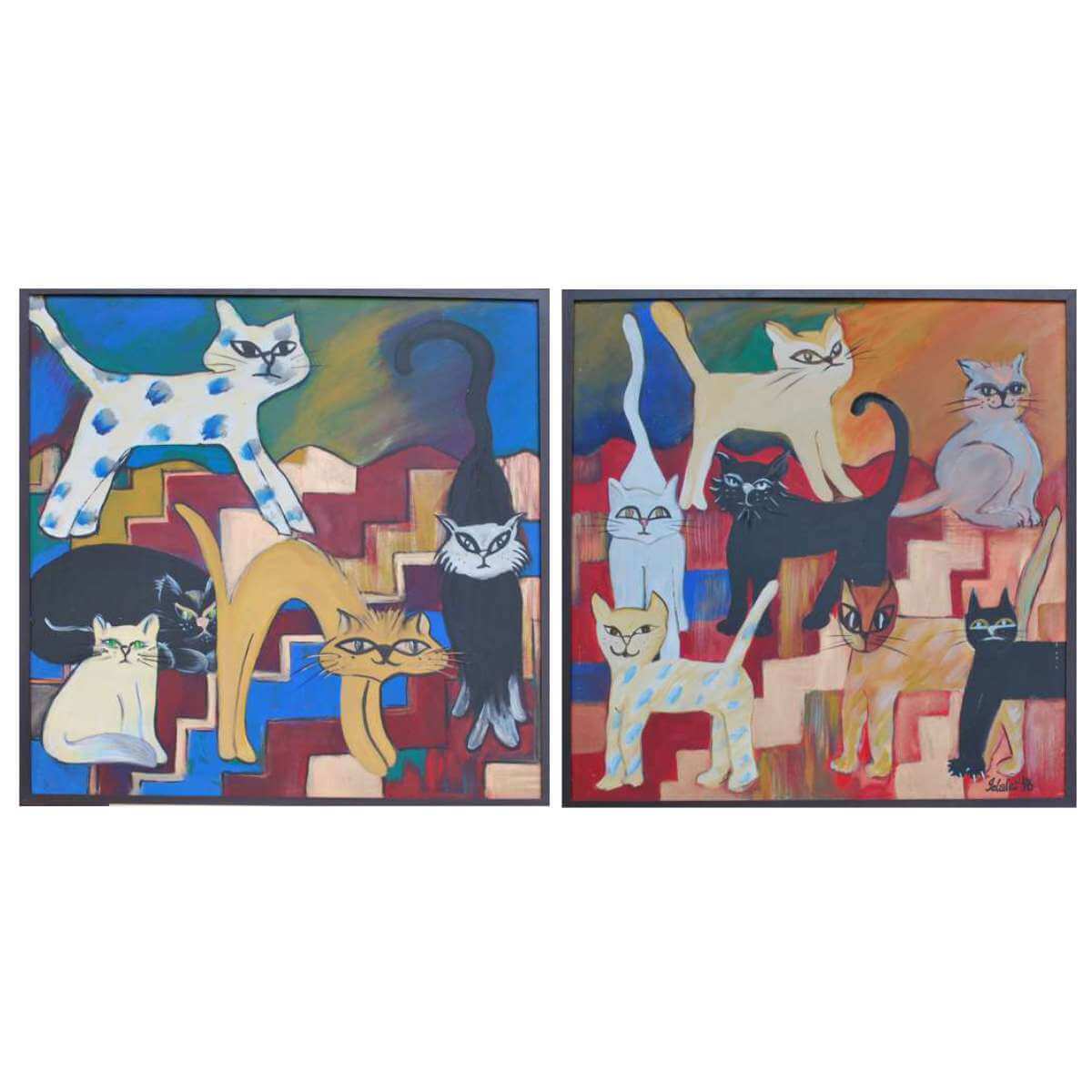 1996 Feline Fantasy Quirky Boho Cat Paintings - Idalet and Erica