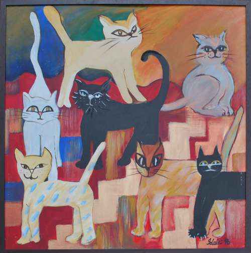 1996 Feline Fantasy Quirky Boho Cat Paintings