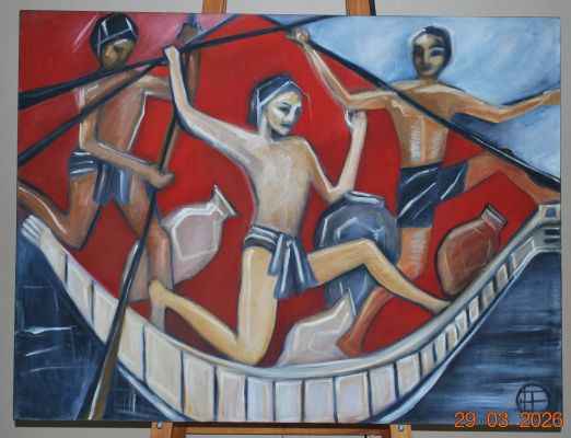 2001 The Oarsmen: Captivating Egyptian Inspired Painting for Timeless Elegance