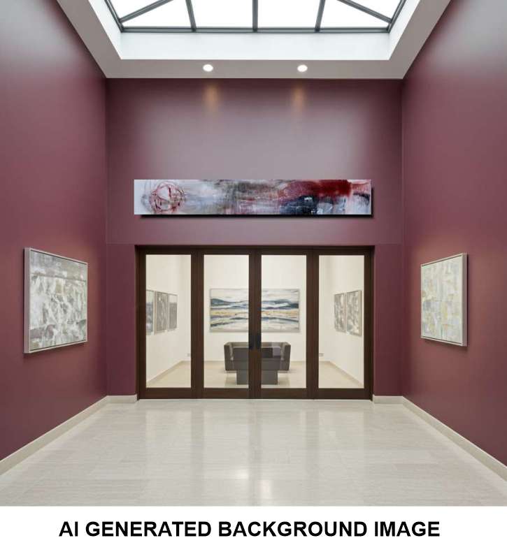 A modern interior hallway with mauve-purple walls, a skylight, glass doors, and framed abstract wall art. A large horizontal abstract painting is mounted above the doors, with smaller framed artworks on both side walls.