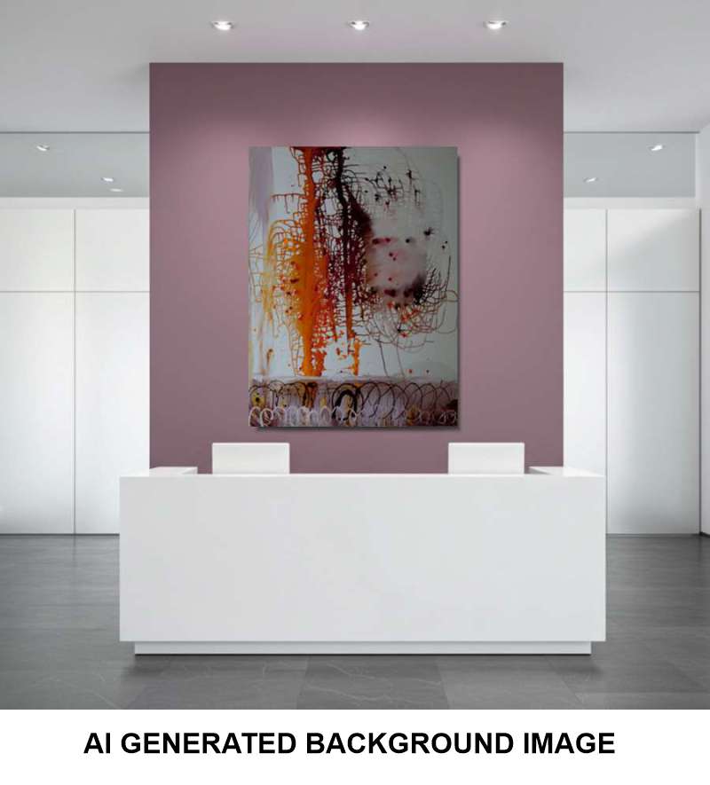 An abstract canvas artwork with orange, brown, and black paint strokes on a light gray background, displayed on a mauve-colored wall above a white reception desk in a modern office setting. A white banner at the bottom contains the text 'AI GENERATED BACKGROUND IMAGE'.