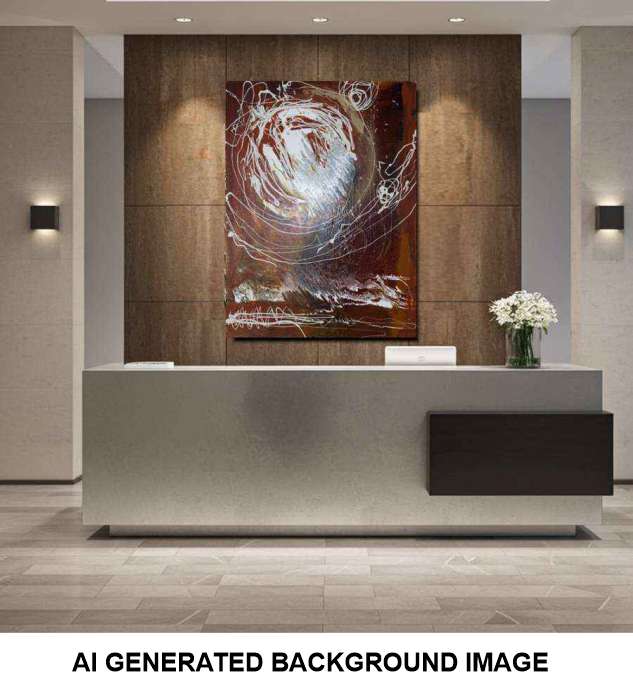 A modern reception desk in a lobby setting with a large abstract painting on the back wall. The painting features swirling white and dark brown tones.