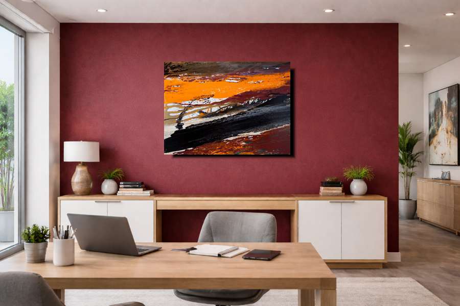 Create an image of a modern office with a burgundy-coloured front facing wall with this landscape abstract