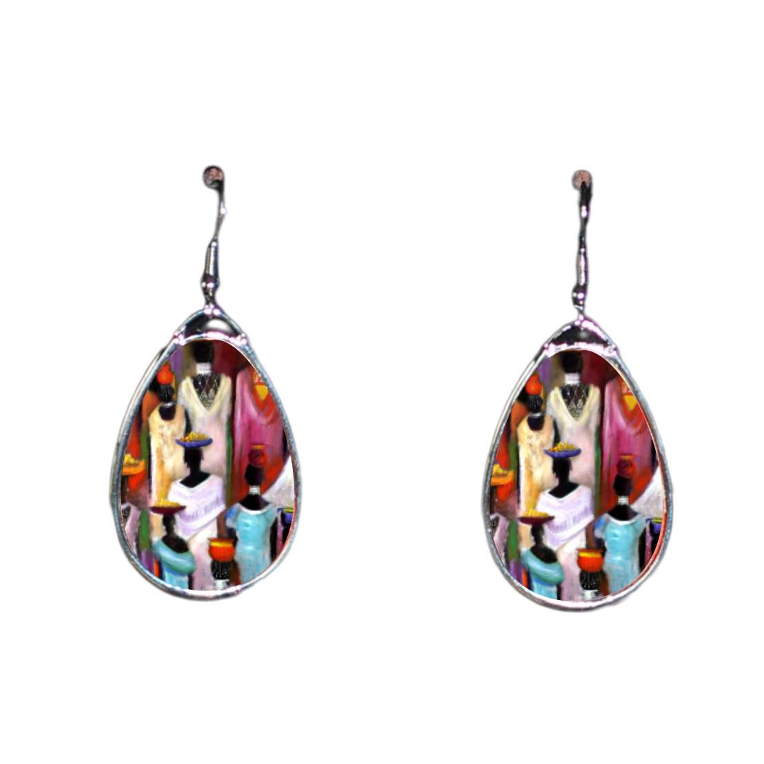 Waterdrop metal earrings with colourful ethnic art
