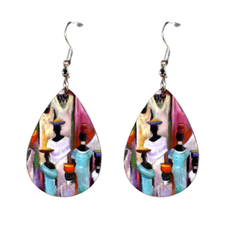 Waterdrop metal earrings with colourful ethnic art