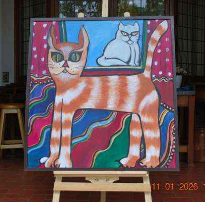 1996 Whimsical feline modern acrylic cat paintings