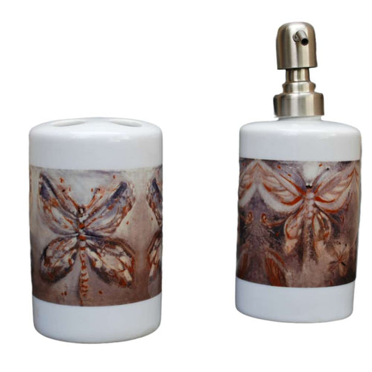 Two ceramic bottles with butterfly artwork on a white background