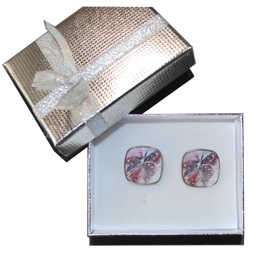 Butterfly-art earrings in a decorative box with a bow