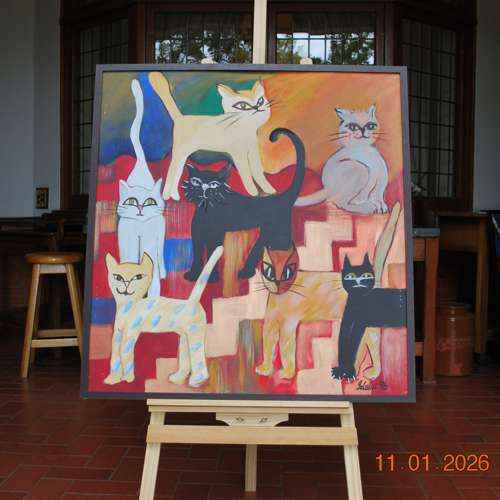 1996 Feline Fantasy Quirky Boho Cat Paintings