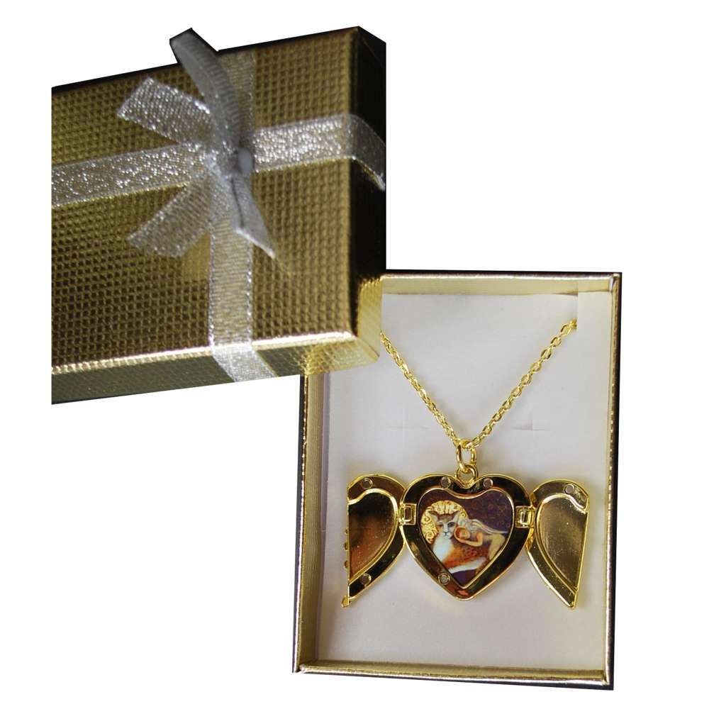 Gold heart-shaped pendant necklace in a gift box with a silver ribbon