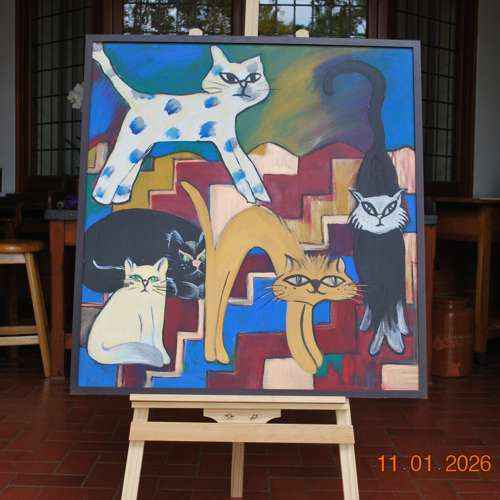 1996 Feline Fantasy Quirky Boho Cat Paintings