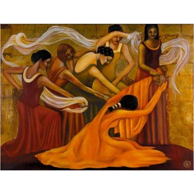 Fire Dance Painting. Women dancing around fire art.