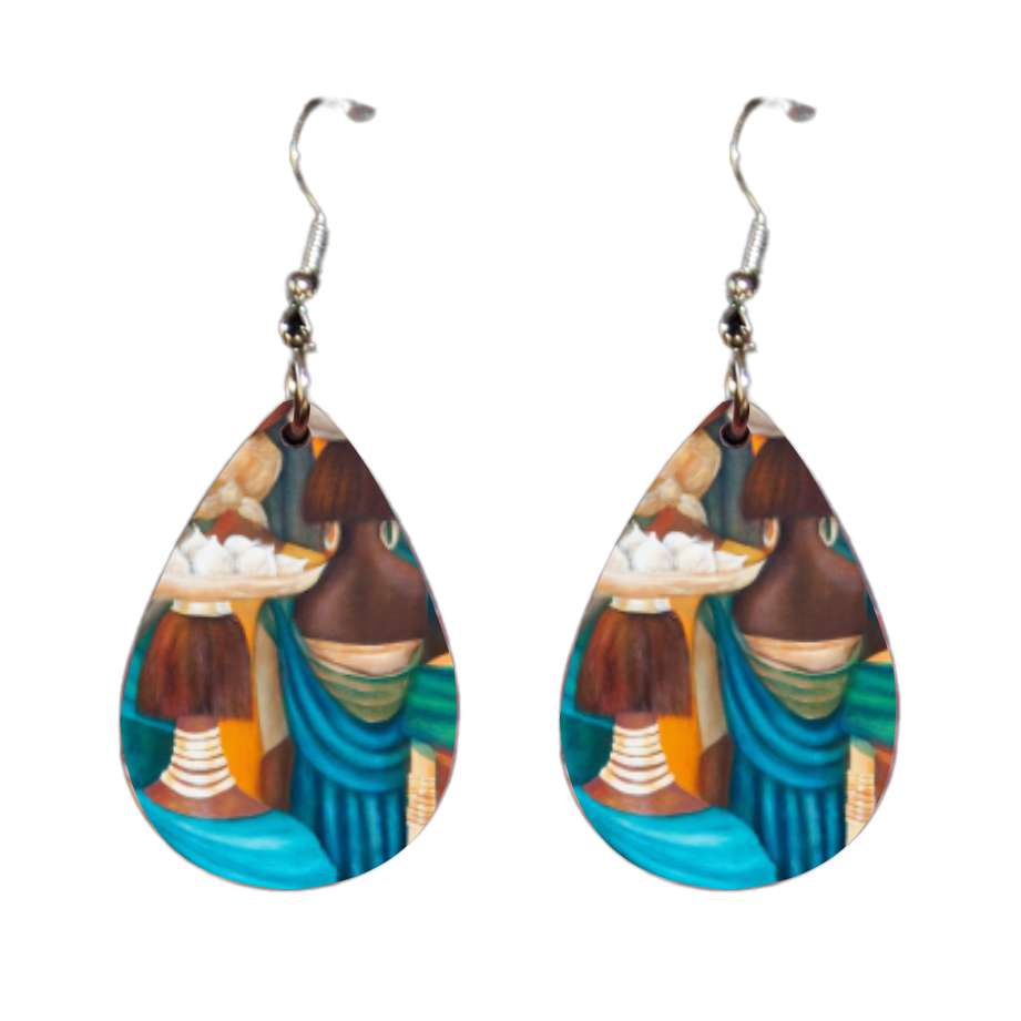 Teardrop earrings with blue ethnic artwork