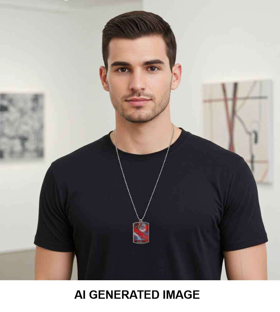A man wearing a black t-shirt and a silver chain necklace with a rectangular pendant featuring a red and white abstract, set against an art gallery background. A white banner at the bottom reads 'AI GENERATED IMAGE'.
