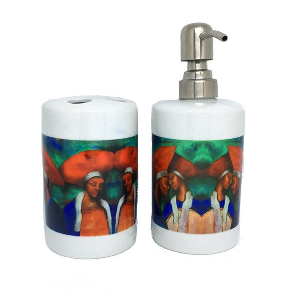 Personal Ornament. Toothbrush holder and soap dispenser set with colourful ethnic art. - idaletanderica