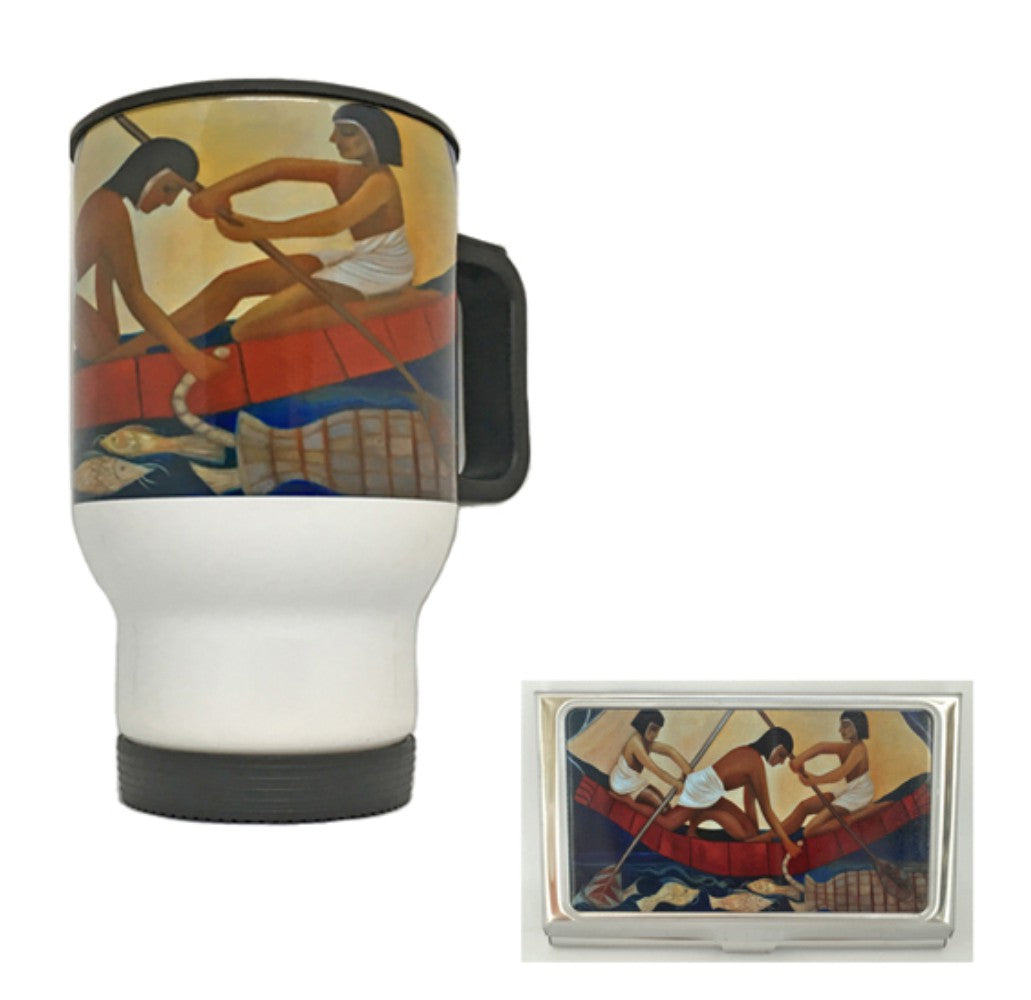 Travel mug with artistic depiction of people rowing a boat on a white background