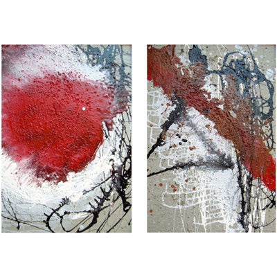 Two original, mixed media abstract artworks on MDF hardboard in red colour.