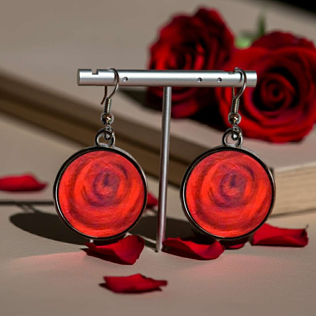 Roses. Red round drop earrings for women.