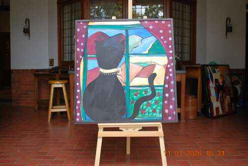 1996 Whimsical feline modern acrylic cat paintings