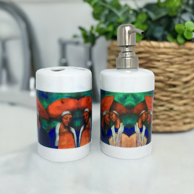 Personal Ornament. Toothbrush holder and soap dispenser set with colourful ethnic art. - idaletanderica