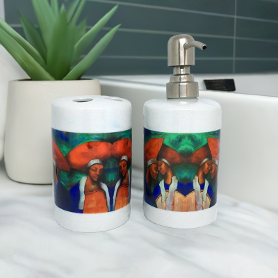 Personal Ornament. Toothbrush holder and soap dispenser set with colourful ethnic art. - idaletanderica