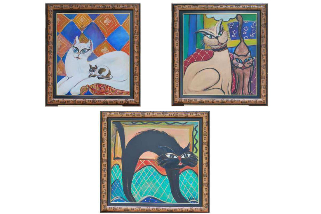 1996 Quirky modern cat paintings colourful acrylic art