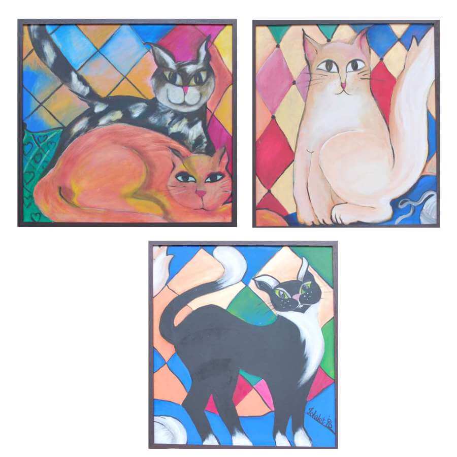 1996 Happy Cat Playful Contemporary Wall Art. Set.