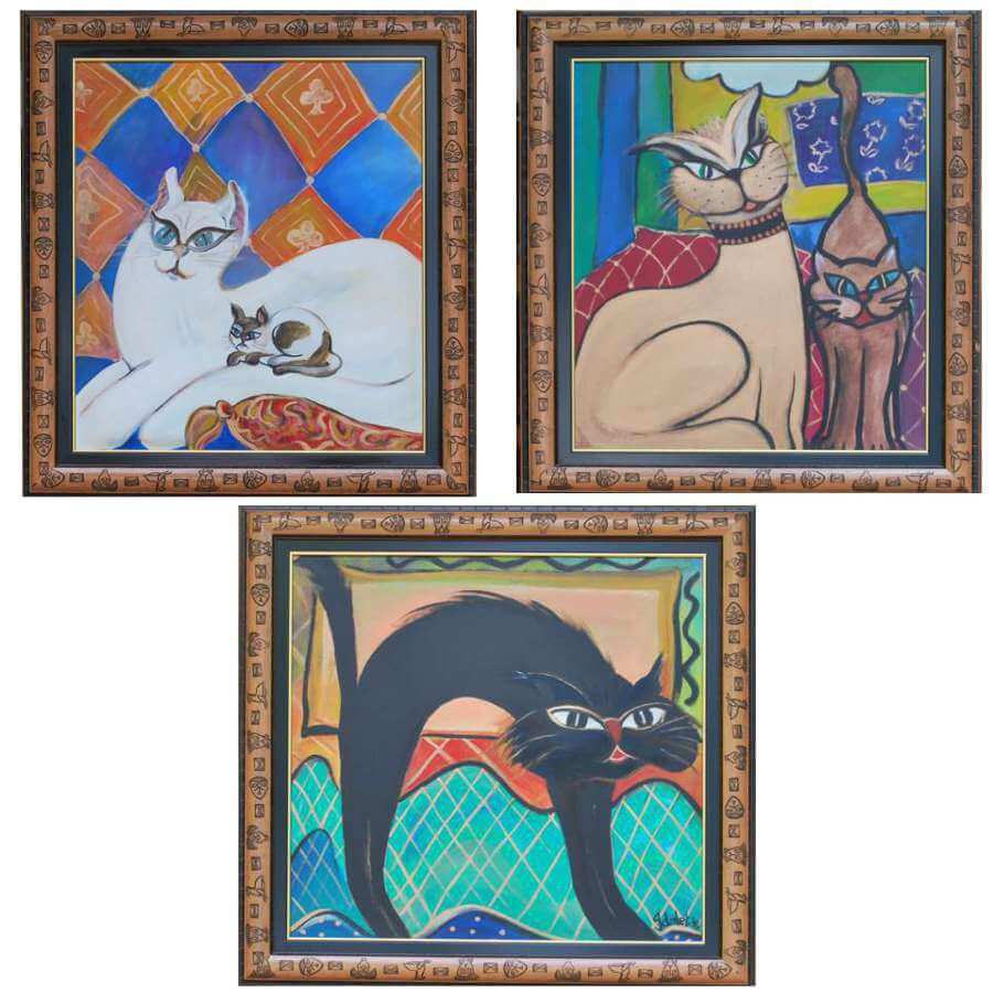 1996 Playful Whiskers Contemporary Acrylic Cat Paintings Set
