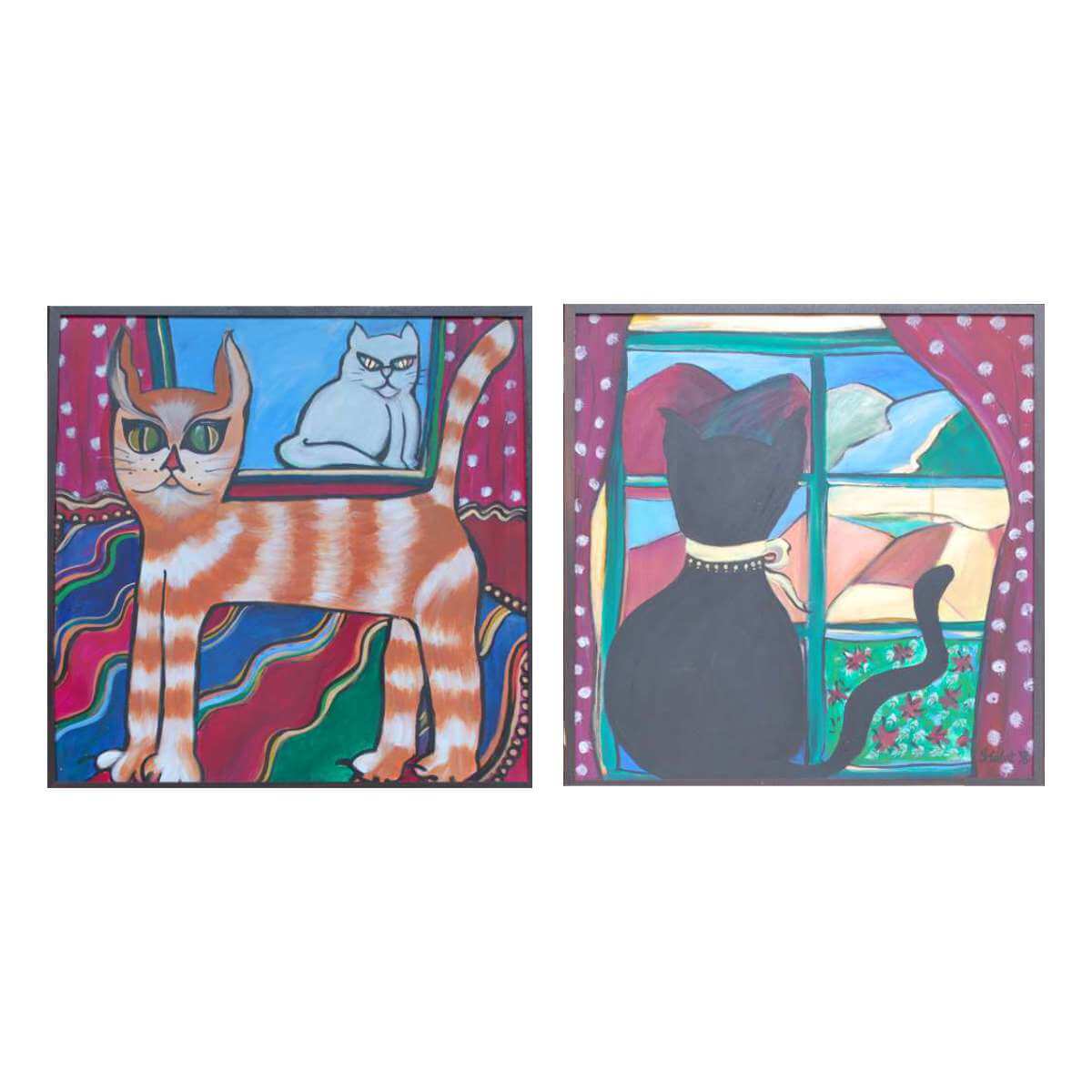 1996 Whimsical Feline Modern Acrylic Cat Paintings