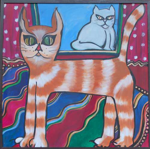 1996 Whimsical feline modern acrylic cat paintings Boho Feline Joy 