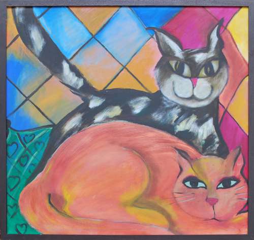 1996 Happy Cat Playful Contemporary Wall Art - Cheerful Cat Contemporary Decorative Acrylic Art
