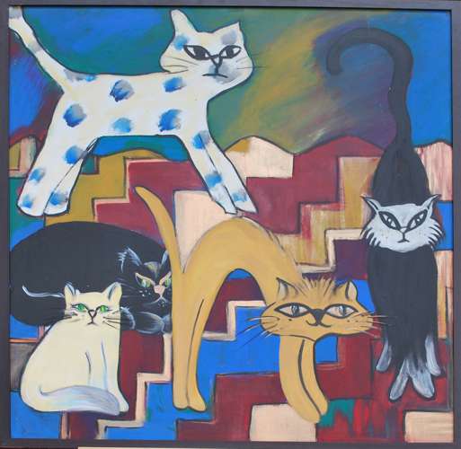 1996 Feline Fantasy Quirky Boho Cat Paintings