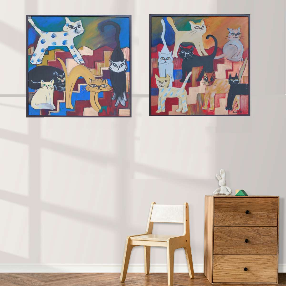 1996 Feline Fantasy Quirky Boho Cat Paintings Decor