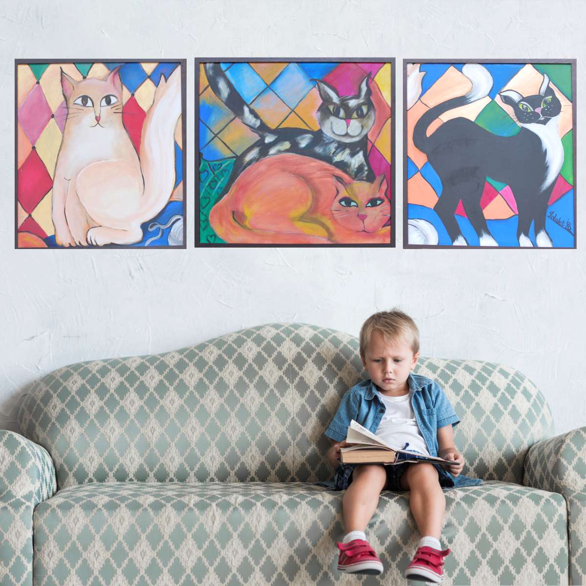 1996 Happy Cat Playful Contemporary Wall Art Decor