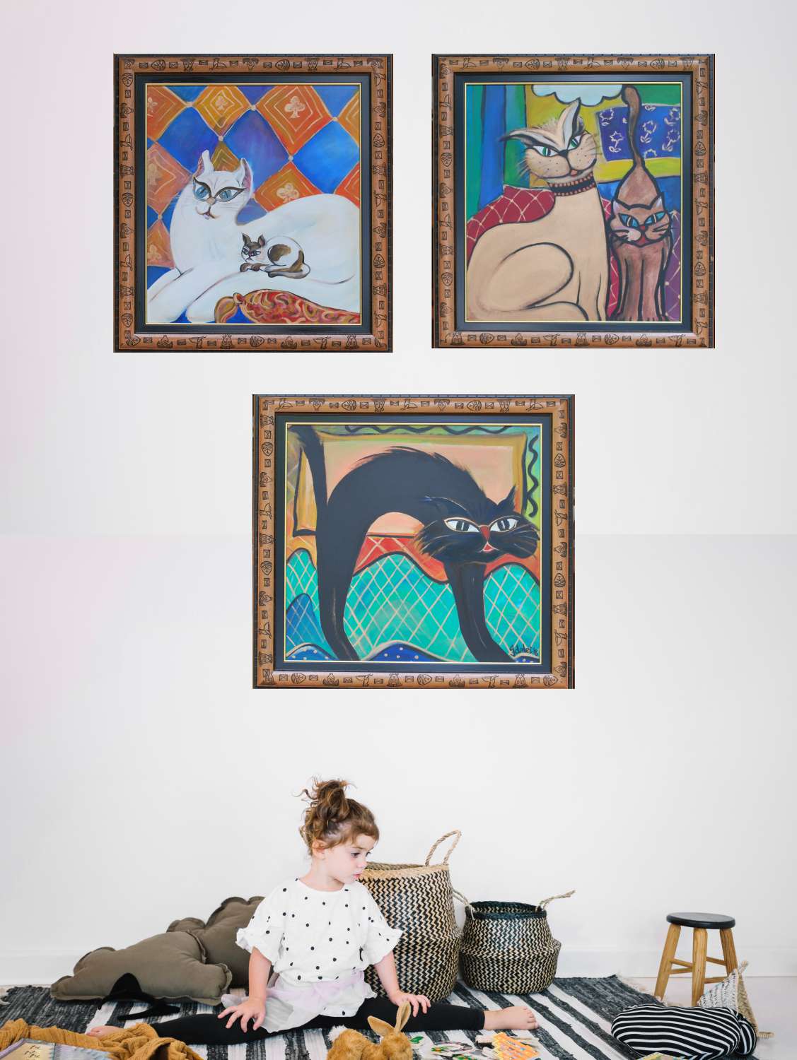 1996 Playful Whiskers Contemporary Acrylic Cat Paintings - idalet and erica