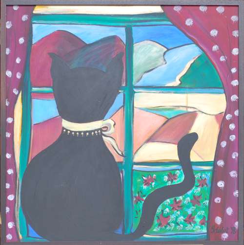 1996 Whimsical Feline Modern Acrylic Cat Paintings Framed