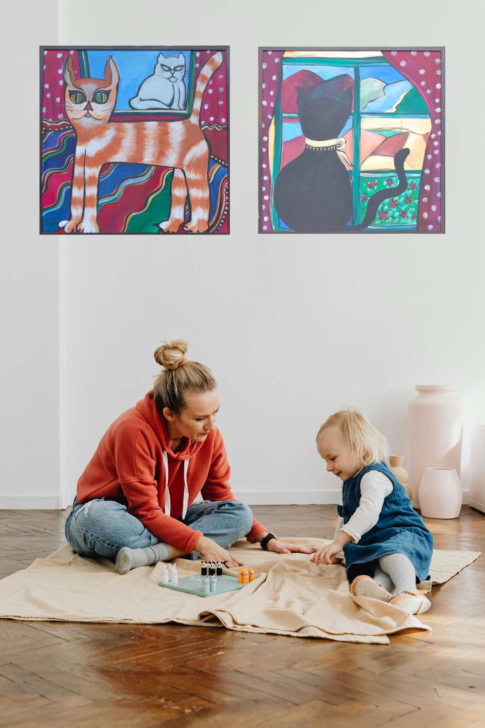 1996 Whimsical feline modern acrylic cat paintings decor - idalet and erica