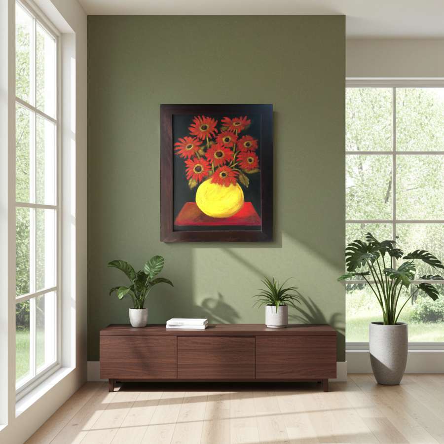 2003 - Red daisies - floral still life fine art painting - not to scale