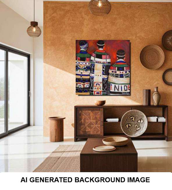 A framed colorful artwork hangs on a textured warm beige wall in a modern living room setting with a wooden console, decorative baskets, and pendant lights. A white banner at the bottom reads 'AI GENERATED BACKGROUND IMAGE'.