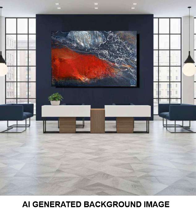 Abstract canvas wall art featuring a dramatic red, black, and blue composition, displayed on a dark navy wall in a modern living room setting. A white text banner at the bottom reads 'AI GENERATED BACKGROUND IMAGE'.
