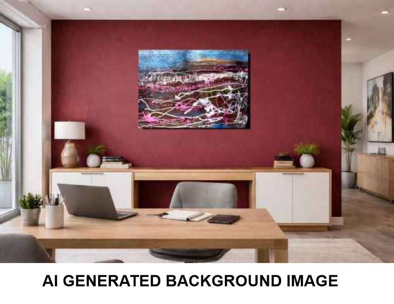 An abstract canvas painting with vibrant blue, pink, white and yellow brushstrokes, displayed on a deep red wall in a modern office setting. A wooden desk, laptop, and office chairs are positioned in the foreground, with a white text banner at the bottom reading 'AI GENERATED BACKGROUND IMAGE'.