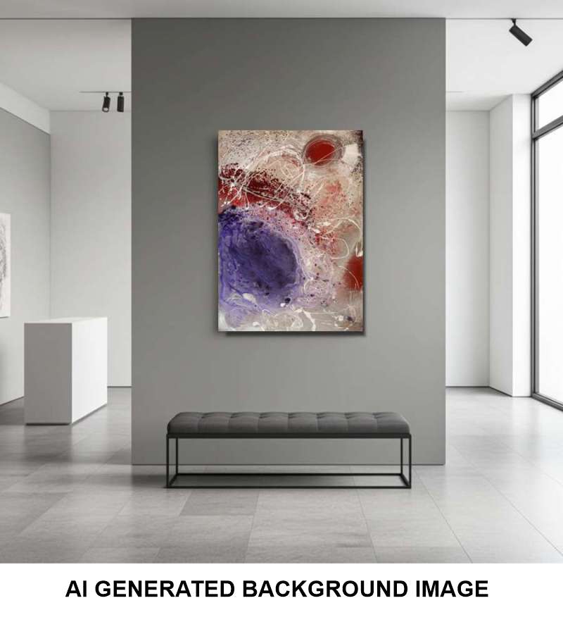 Abstract wall art print featuring swirling purple, red, white, and beige paint textures, displayed in a gallery setting above a dark gray tufted bench. The image has a white banner at the bottom with the text 'AI GENERATED BACKGROUND IMAGE'.