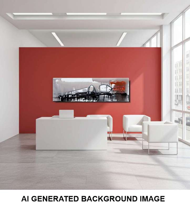 A wide rectangular wall artwoek showing a black-and-white city bridge scene with a small orange-red moon, displayed on a red wall in a modern white office lobby. Text at the bottom reads 'AI GENERATED BACKGROUND IMAGE'.