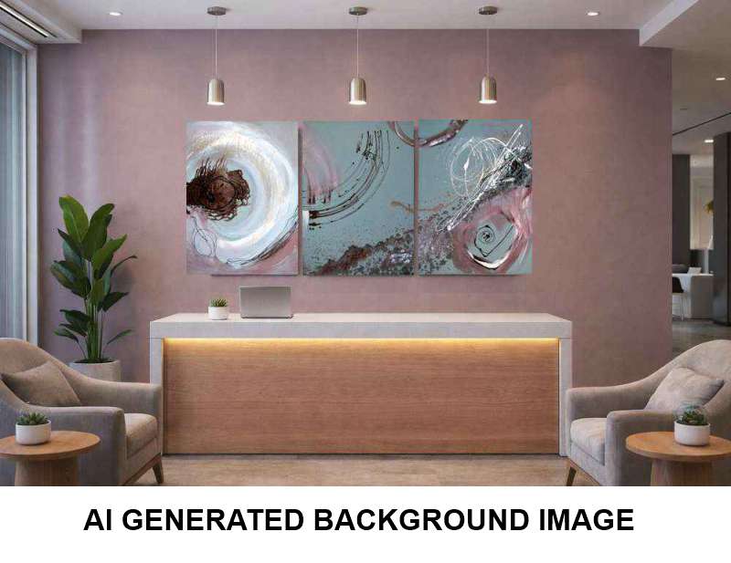 A three-panel abstract canvas wall art set displayed in a modern lobby setting. The artwork features swirling patterns in shades of light blue, pink, white, and dark brown.