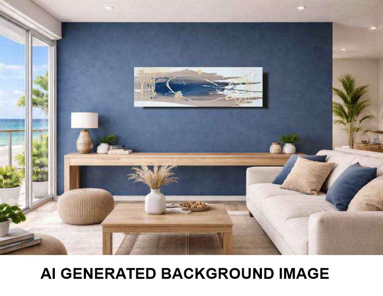 A modern living room with a large abstract canvas hanging on a textured navy-blue wall above a light wood console table. The room features a beige sofa with blue and beige pillows, a wooden coffee table, and a view of the ocean through large glass windows.