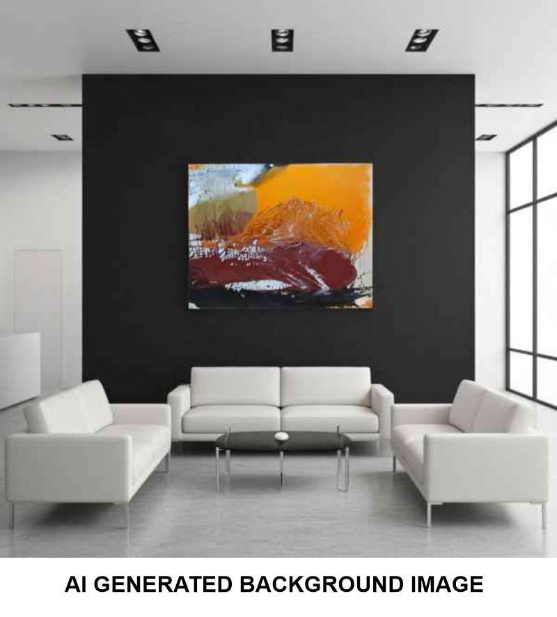 An abstract canvas painting with vibrant orange, red, yellow, and blue brushstrokes, displayed on a black accent wall in a modern living room setting with white sofas and a coffee table. The image has a text overlay at the bottom reading 'AI GENERATED BACKGROUND IMAGE'.