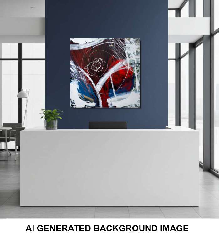 Abstract canvas wall art with bold red, white, blue, and black brushstrokes, displayed on a dark blue wall above a white reception desk in a modern office setting. Text at the bottom reads 'AI GENERATED BACKGROUND IMAGE'.