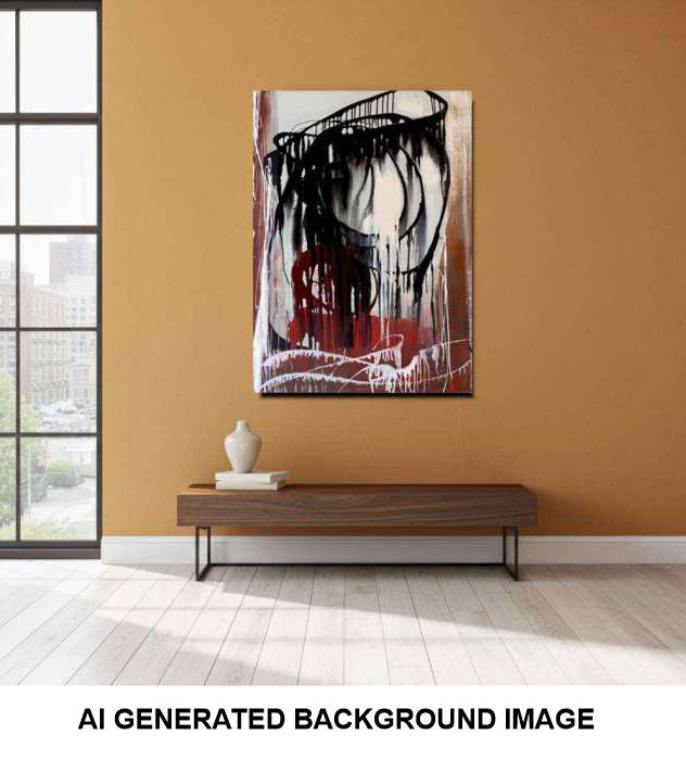 Abstract canvas wall art with black, red, white, and gray paint strokes, displayed in a mockup on a warm orange-brown wall above a wooden console table. The image has a white banner at the bottom with the text 'AI GENERATED BACKGROUND IMAGE'.