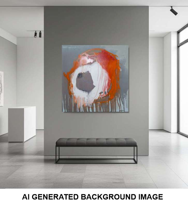 Abstract canvas wall art with a large orange and white circular form on a gray background, displayed above a dark upholstered bench in a minimalist gallery-like interior. A white banner at the bottom reads 'AI GENERATED BACKGROUND IMAGE'.