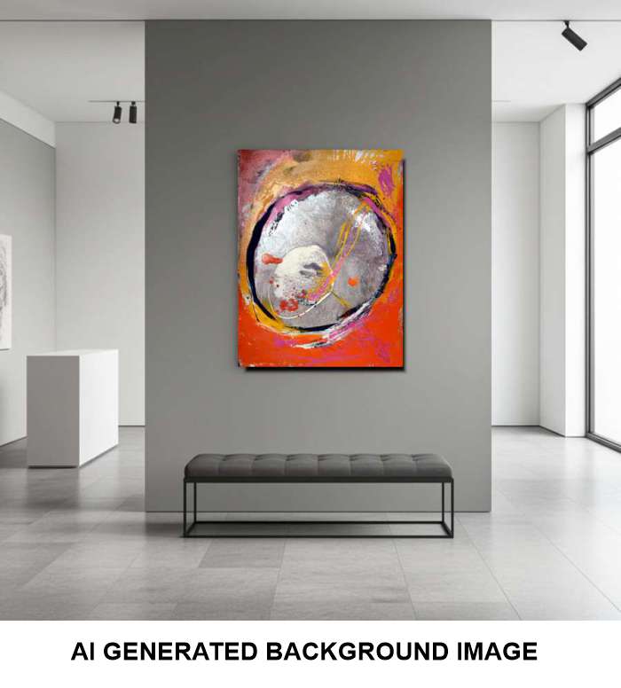 Abstract canvas wall art featuring a circular composition with red, orange, yellow, gray, and white brushstrokes, displayed on a gray wall in a modern gallery-like interior. A black tufted bench sits below the artwork.